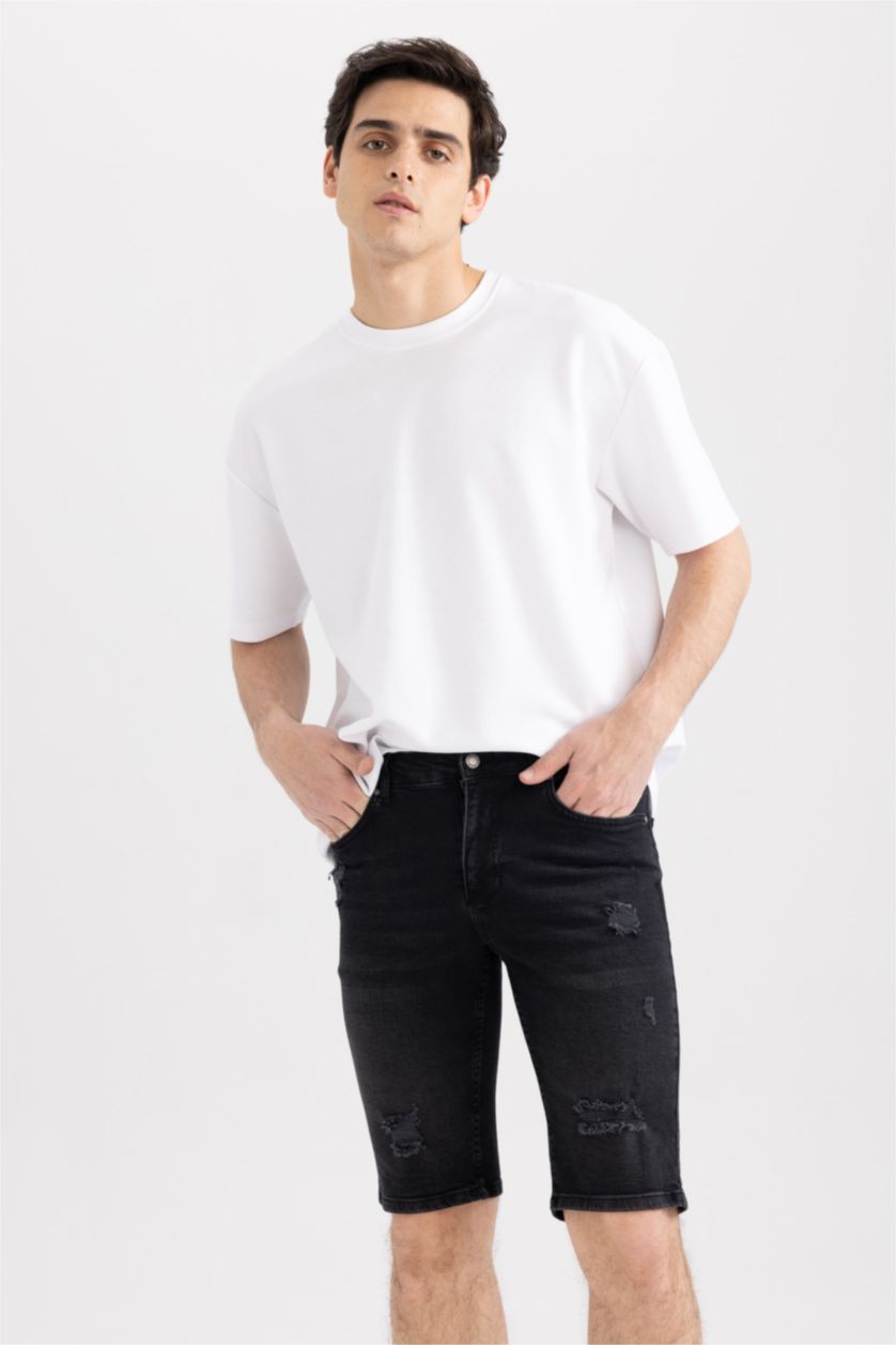 رجالي أسود برمودا جينز سليم فيت أسود