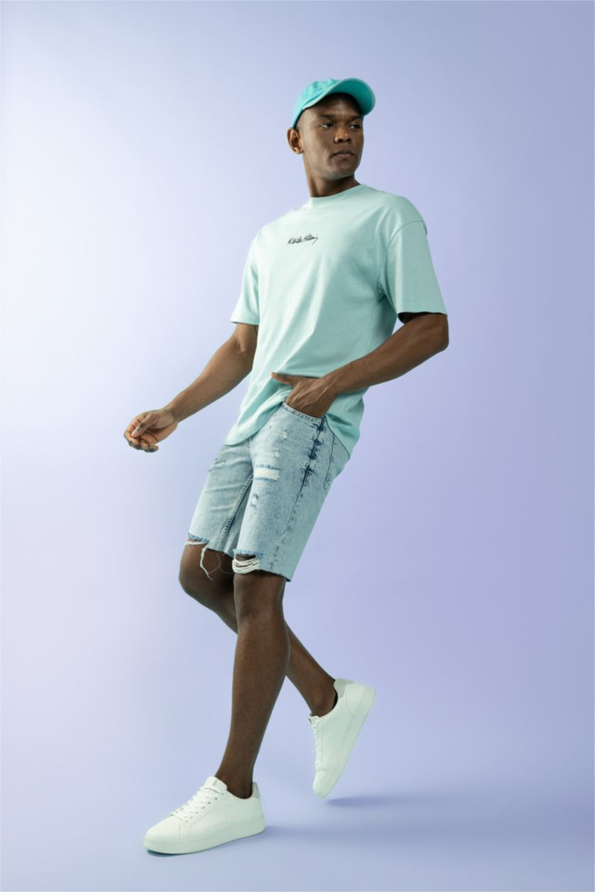 Man Light Blue Slim Fit Jeans Bermuda