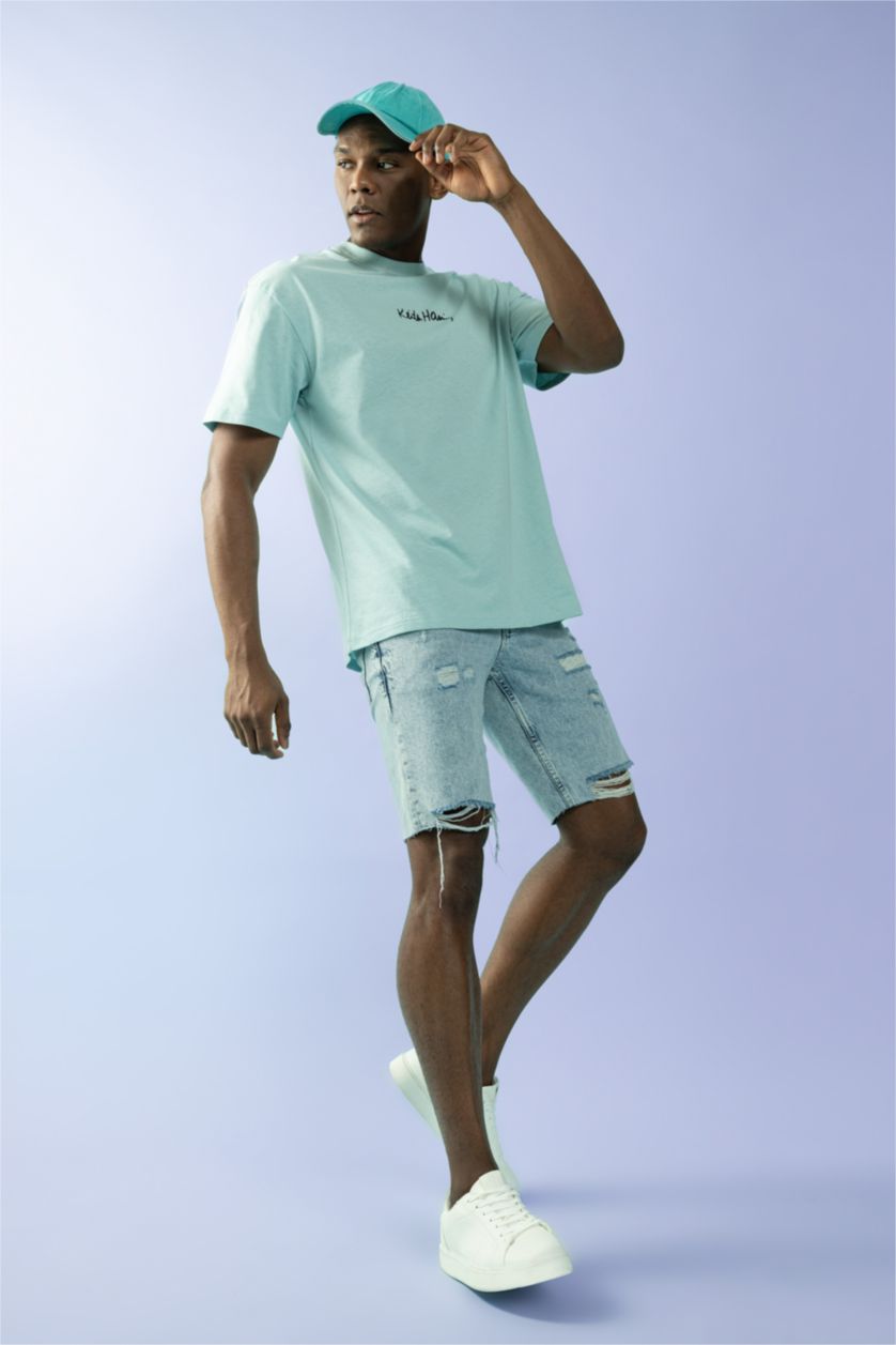 Man Light Blue Slim Fit Jeans Bermuda