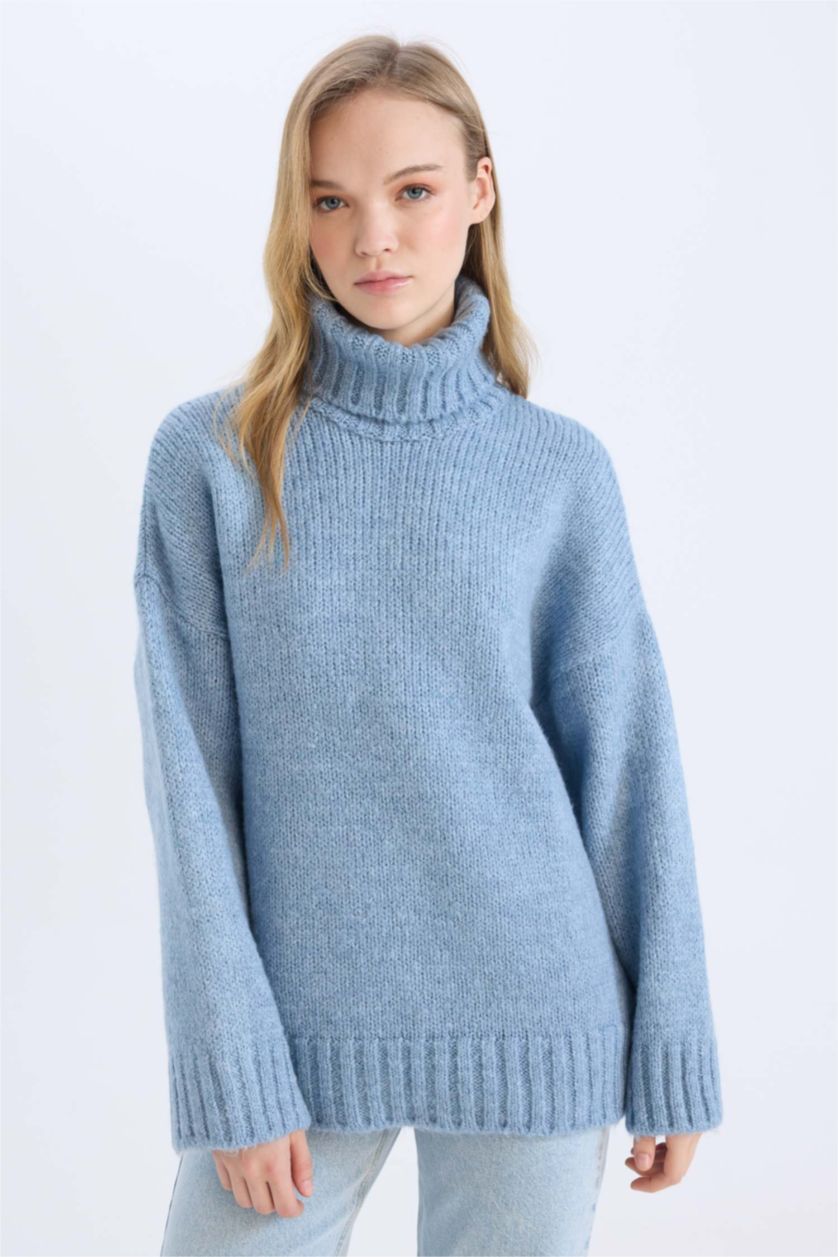 نساء أزرق بلوز صوف تريكو طويل اوفر سايز هاينك بياخة عالية