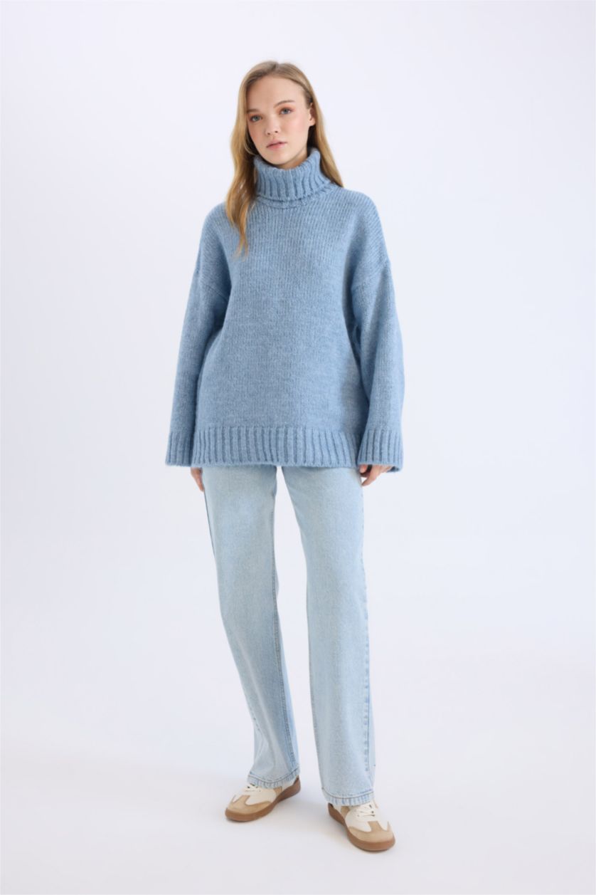 نساء أزرق بلوز صوف تريكو طويل اوفر سايز هاينك بياخة عالية