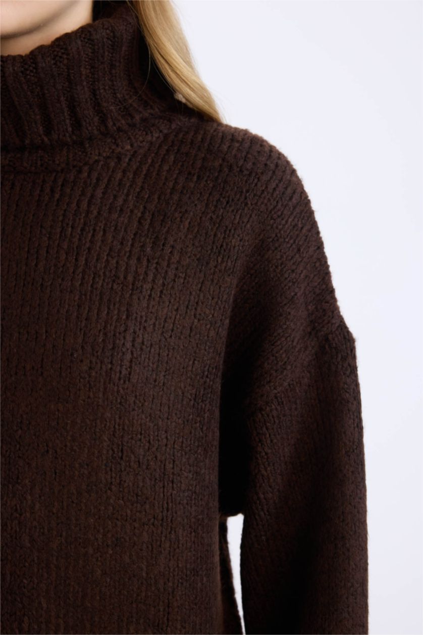 Kadın Kahve Oversize Geniş Kalıp Balıkçı Yaka Basic Düz Triko Kazak Tunik