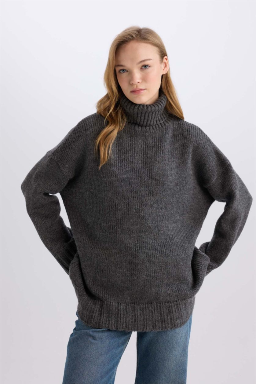 FEMME Gris Tunique Coupe Oversize Col de Tortue