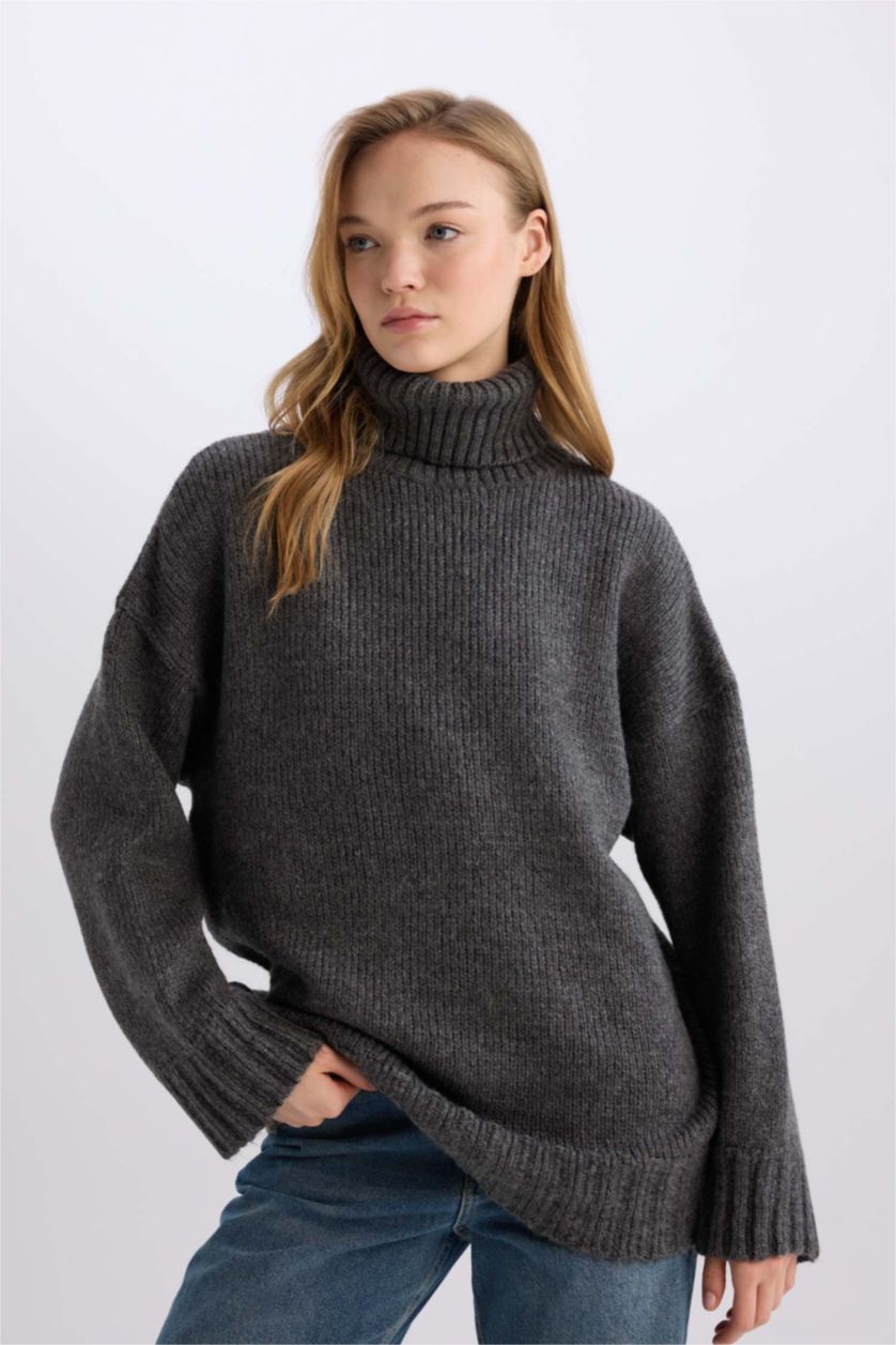 FEMME Gris Tunique Coupe Oversize Col de Tortue