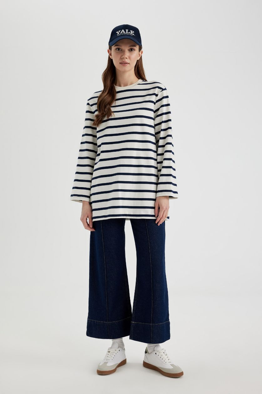 Kadın Lacivert 	Regular Fit Bisiklet Yaka Çizgili Uzun Kollu Tişört Tunik