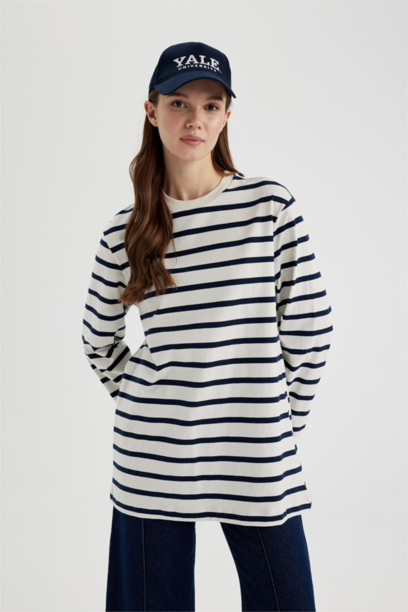 Kadın Lacivert 	Regular Fit Bisiklet Yaka Çizgili Uzun Kollu Tişört Tunik