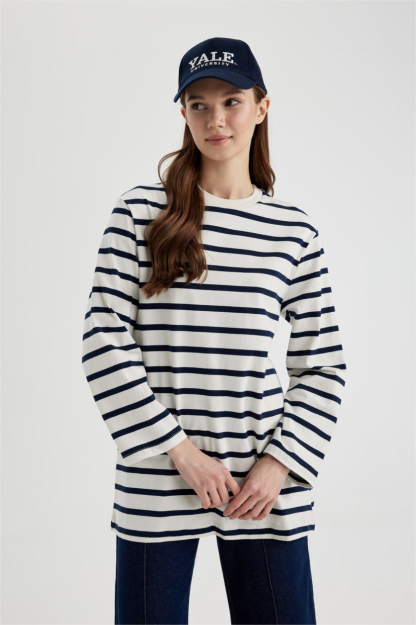 Kadın Lacivert 	Regular Fit Bisiklet Yaka Çizgili Uzun Kollu Tişört Tunik