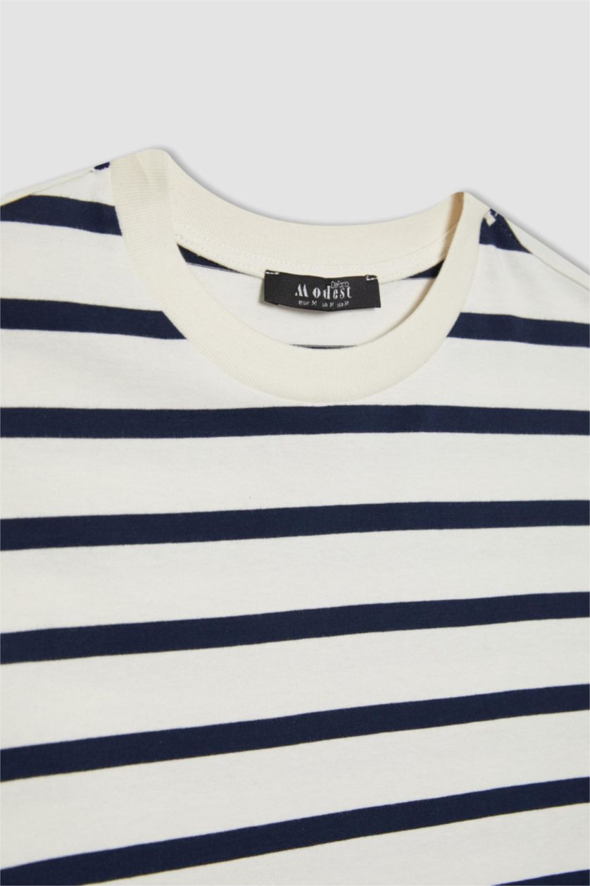 Kadın Lacivert 	Regular Fit Bisiklet Yaka Çizgili Uzun Kollu Tişört Tunik