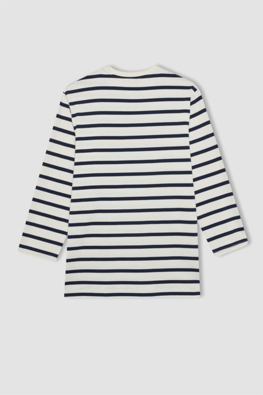 Kadın Lacivert 	Regular Fit Bisiklet Yaka Çizgili Uzun Kollu Tişört Tunik