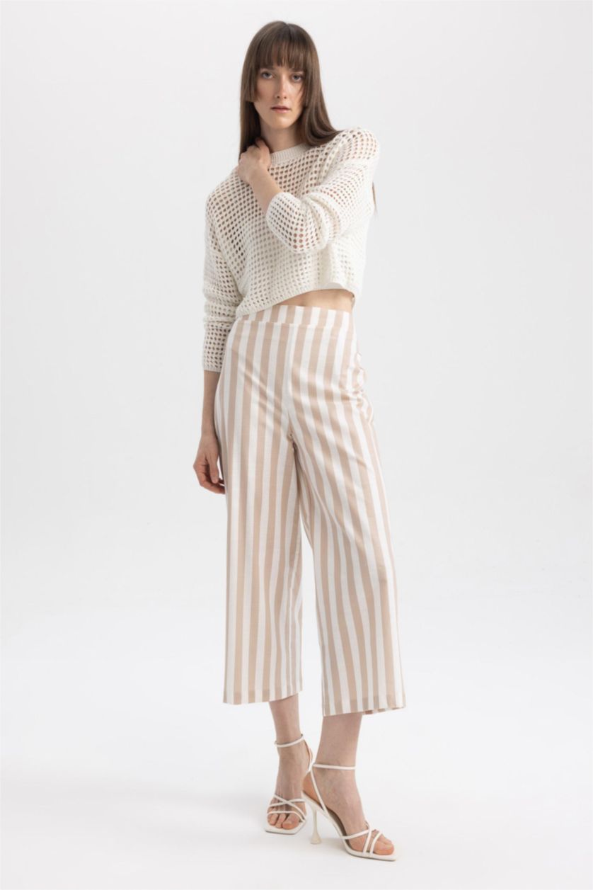 FEMME Écru Pantalon large en coton sspect lin à rayures