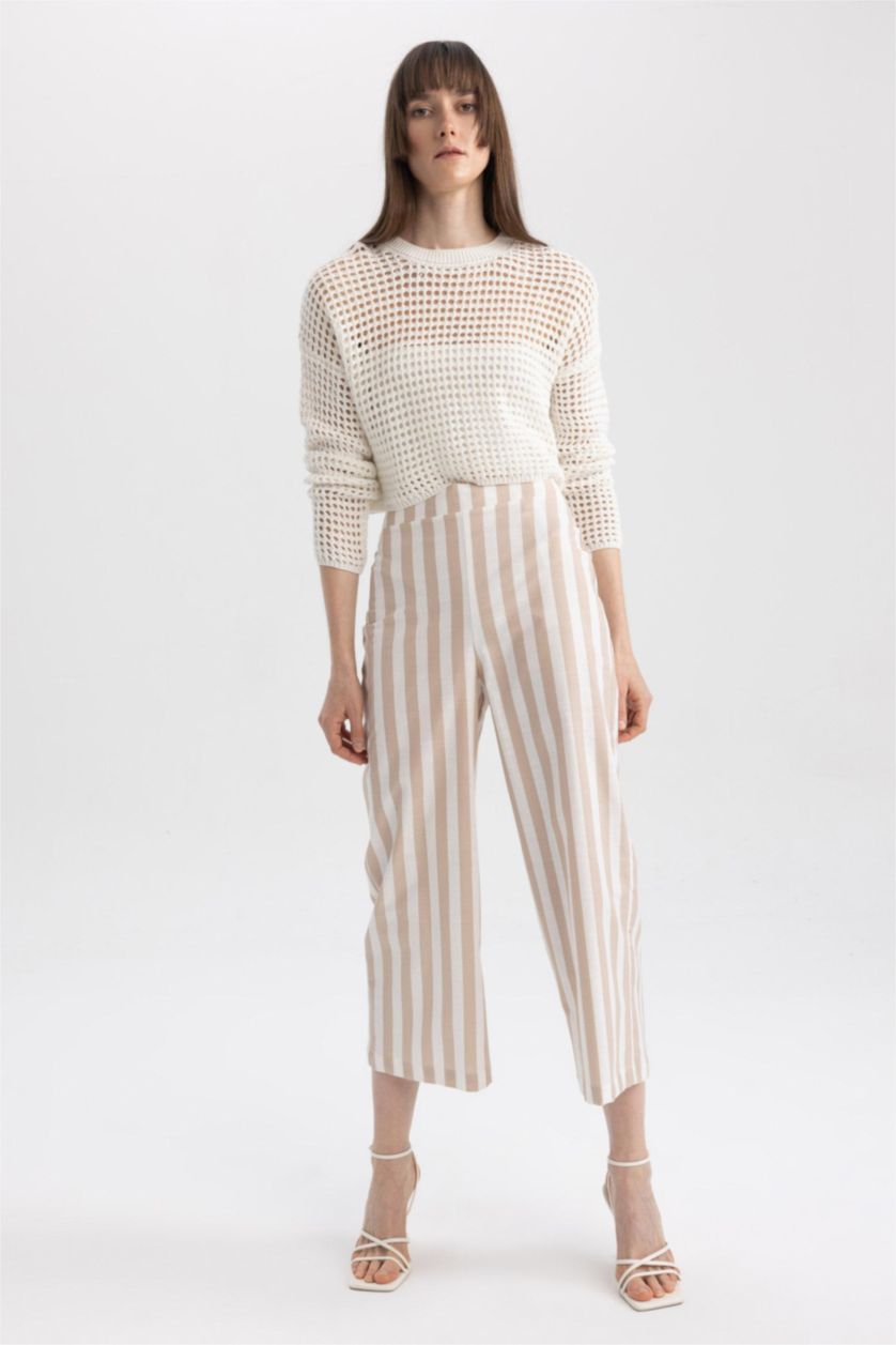 FEMME Écru Pantalon large en coton sspect lin à rayures