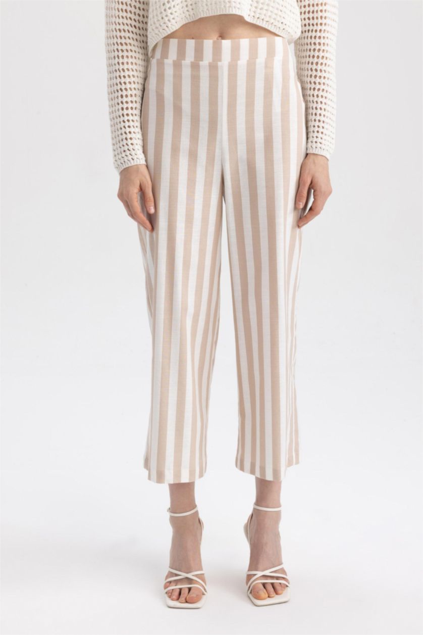 FEMME Écru Pantalon large en coton sspect lin à rayures