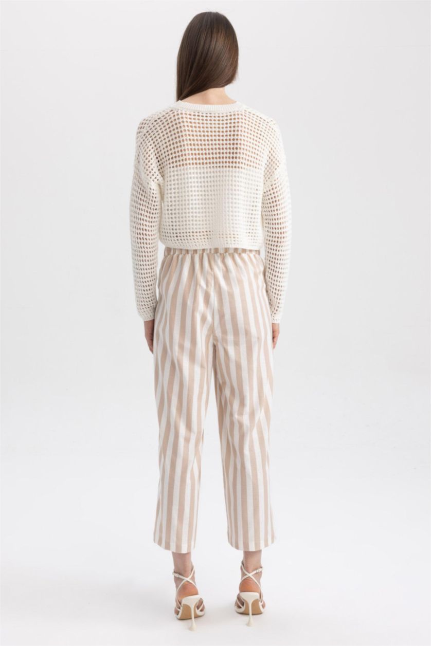 FEMME Écru Pantalon large en coton sspect lin à rayures