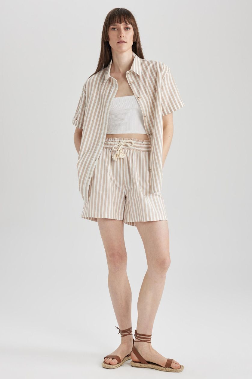 Woman Ecru High Waist Wide Leg Linen Look Striped Shorts