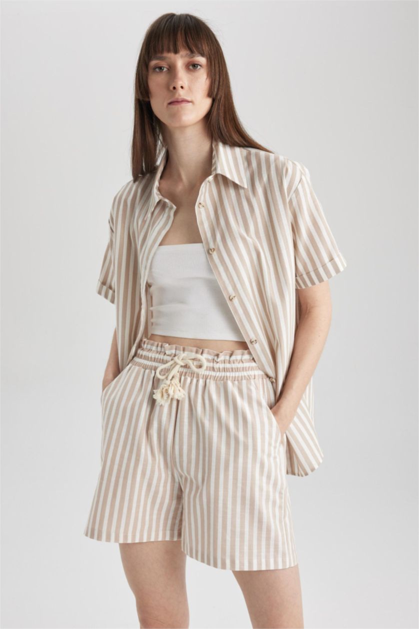 Woman Ecru High Waist Wide Leg Linen Look Striped Shorts
