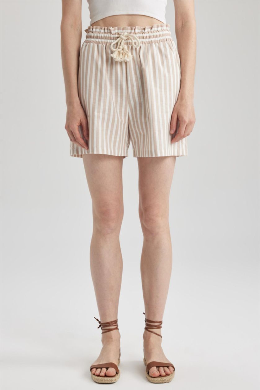 Woman Ecru High Waist Wide Leg Linen Look Striped Shorts