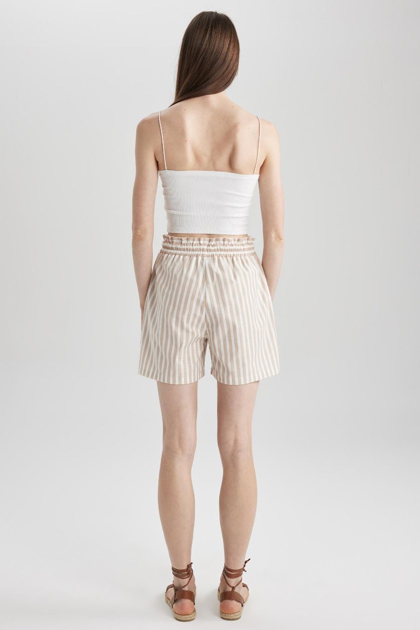 Woman Ecru High Waist Wide Leg Linen Look Striped Shorts