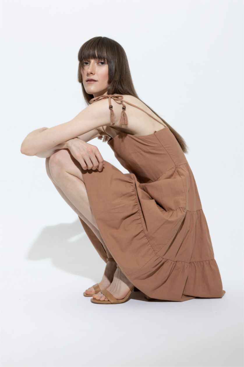 WOMAN Dark Camel Square Collar Linen Look Strapless Flounce Mini Dress