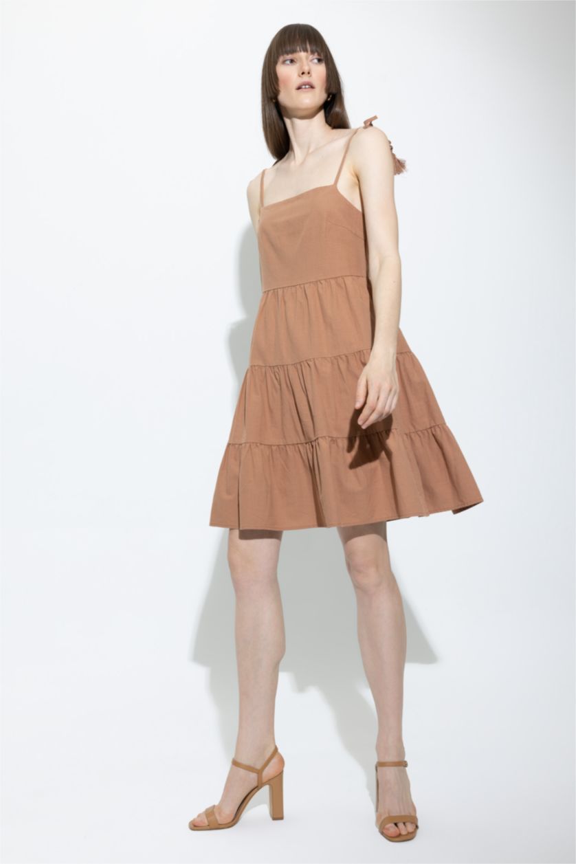 WOMAN Dark Camel Square Collar Linen Look Strapless Flounce Mini Dress