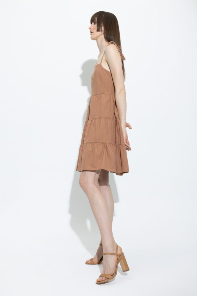 WOMAN Dark Camel Square Collar Linen Look Strapless Flounce Mini Dress