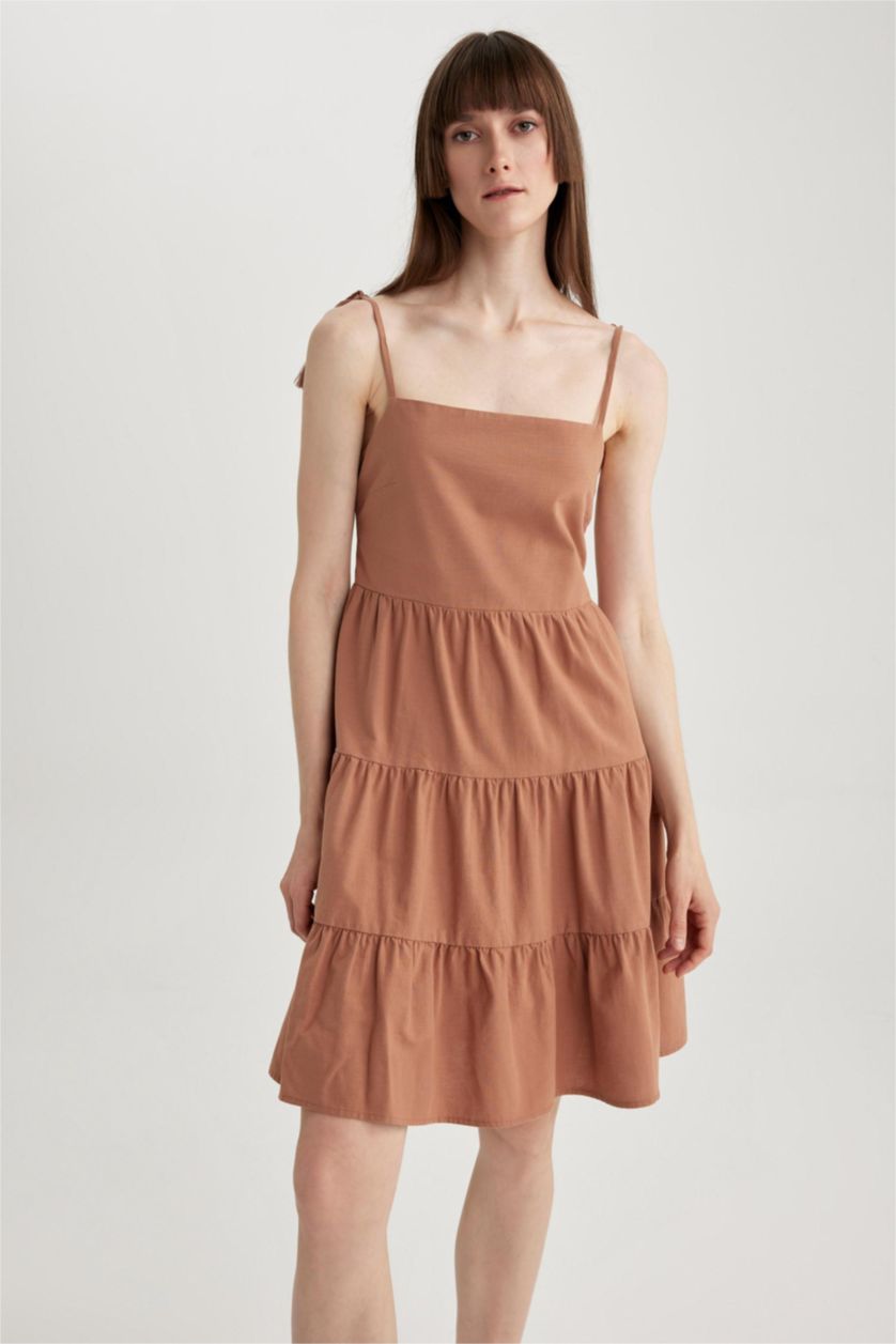 WOMAN Dark Camel Square Collar Linen Look Strapless Flounce Mini Dress