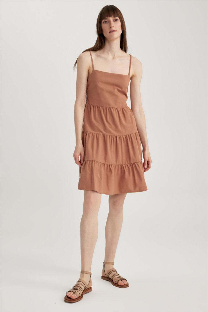 WOMAN Dark Camel Square Collar Linen Look Strapless Flounce Mini Dress