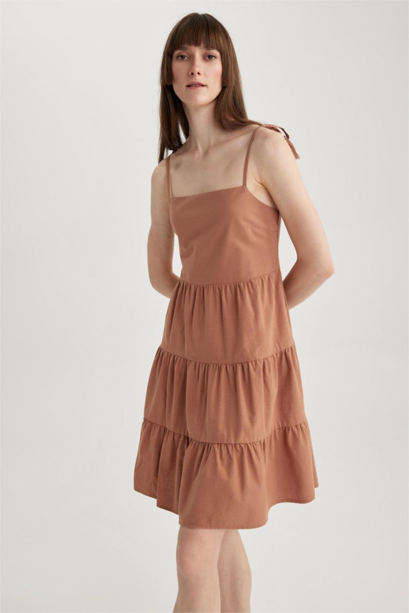 WOMAN Dark Camel Square Collar Linen Look Strapless Flounce Mini Dress