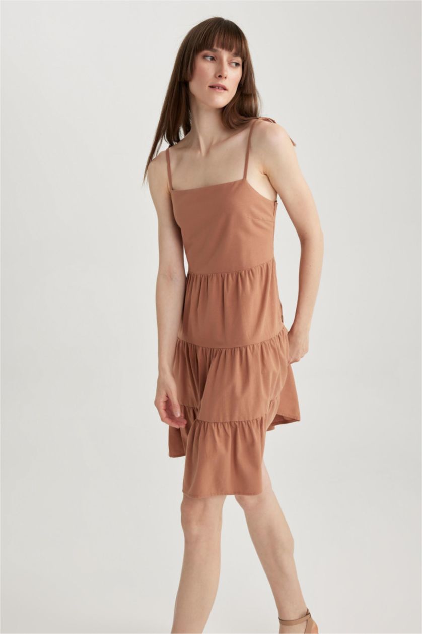 WOMAN Dark Camel Square Collar Linen Look Strapless Flounce Mini Dress