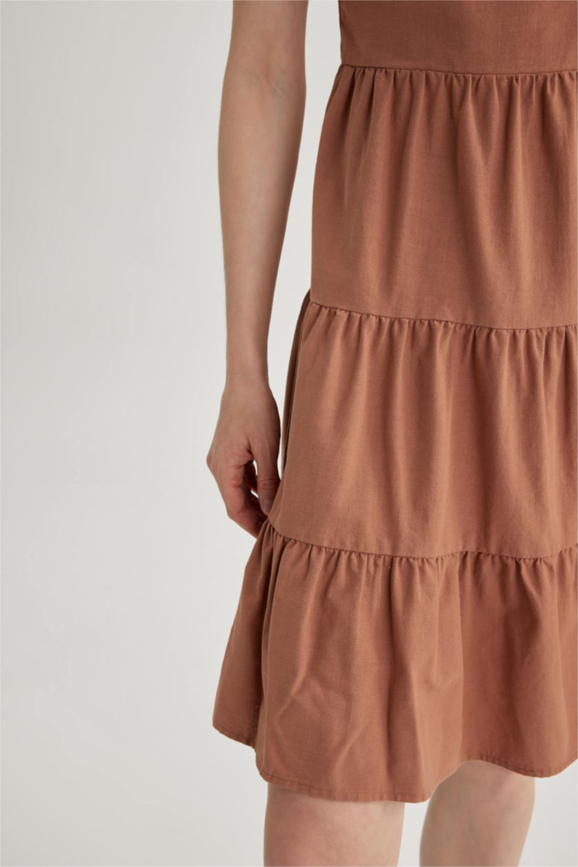 WOMAN Dark Camel Square Collar Linen Look Strapless Flounce Mini Dress