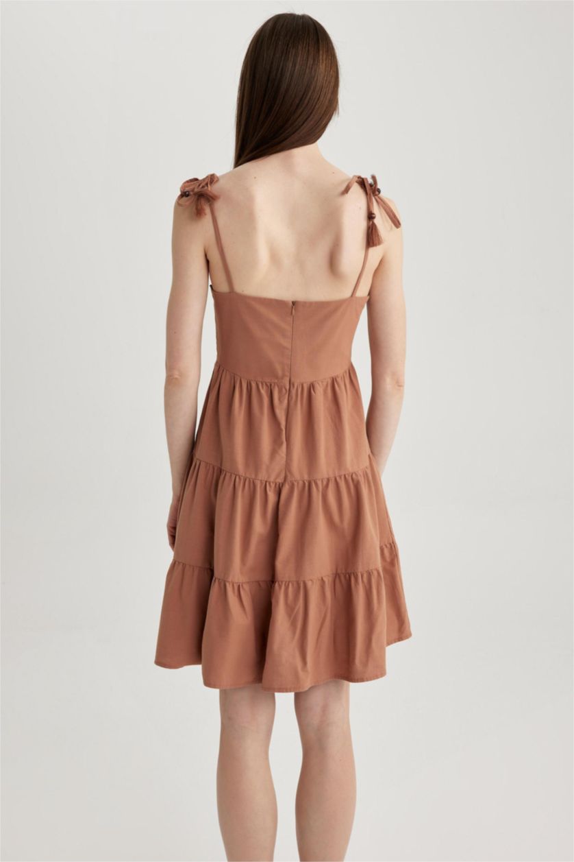 WOMAN Dark Camel Square Collar Linen Look Strapless Flounce Mini Dress