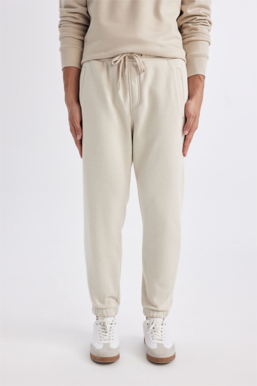 رجال بيج بنطلون بجامة رياضي قماش سميك قصة عادية برجل مطاطي