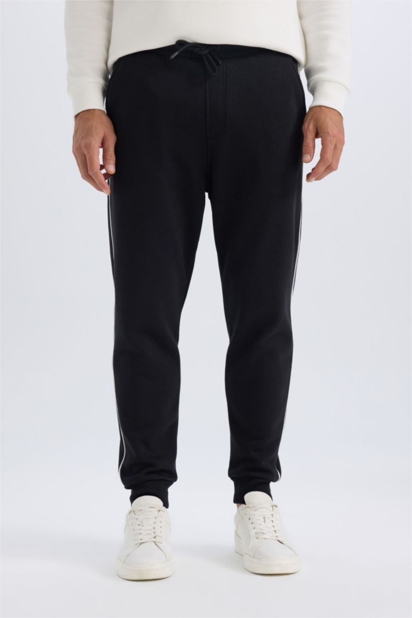 رجال أسود بنطلون بجامة رياضي تقيل سادة بقصة عادية وخصر برباط