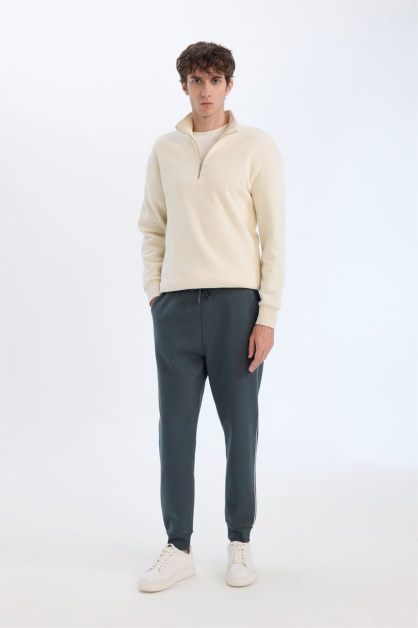 Erkek Koyu Yeşil Regular Fit Beli Bağcıklı Lastikli Paça Cepli Basic Düz Kalın Jogger Eşofman Altı