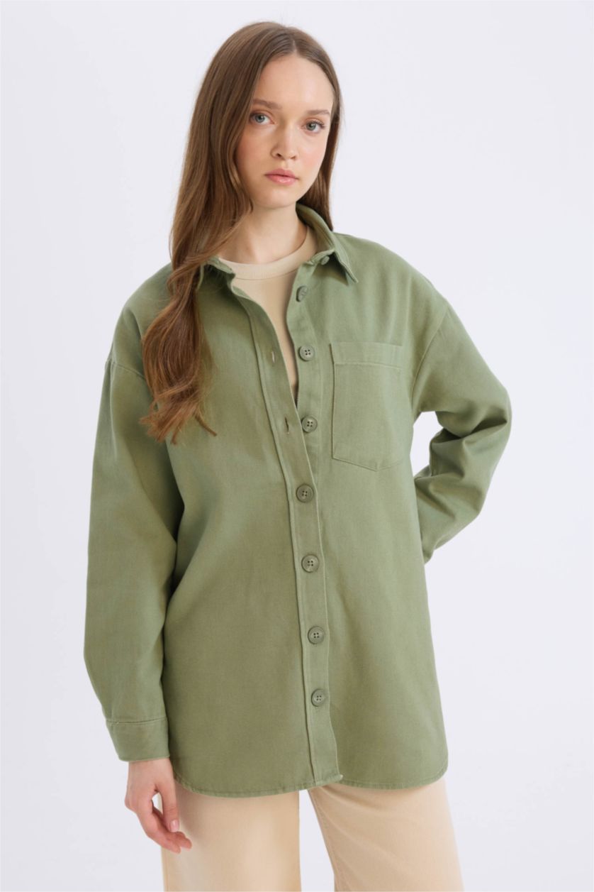 WOMAN Khaki Relax Fit Gabardine Shirt Collar Long Sleeve Tunic