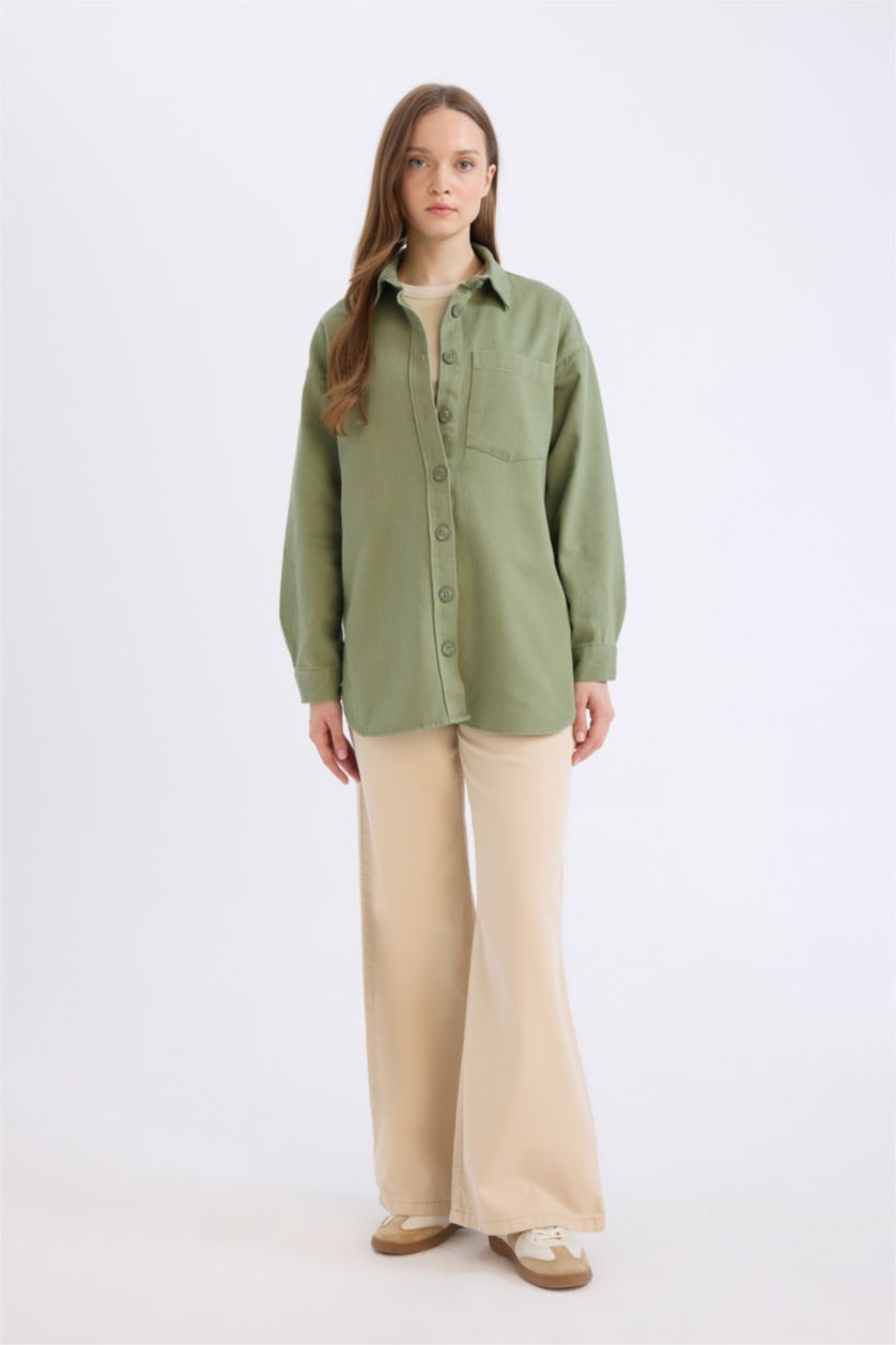 WOMAN Khaki Relax Fit Gabardine Shirt Collar Long Sleeve Tunic
