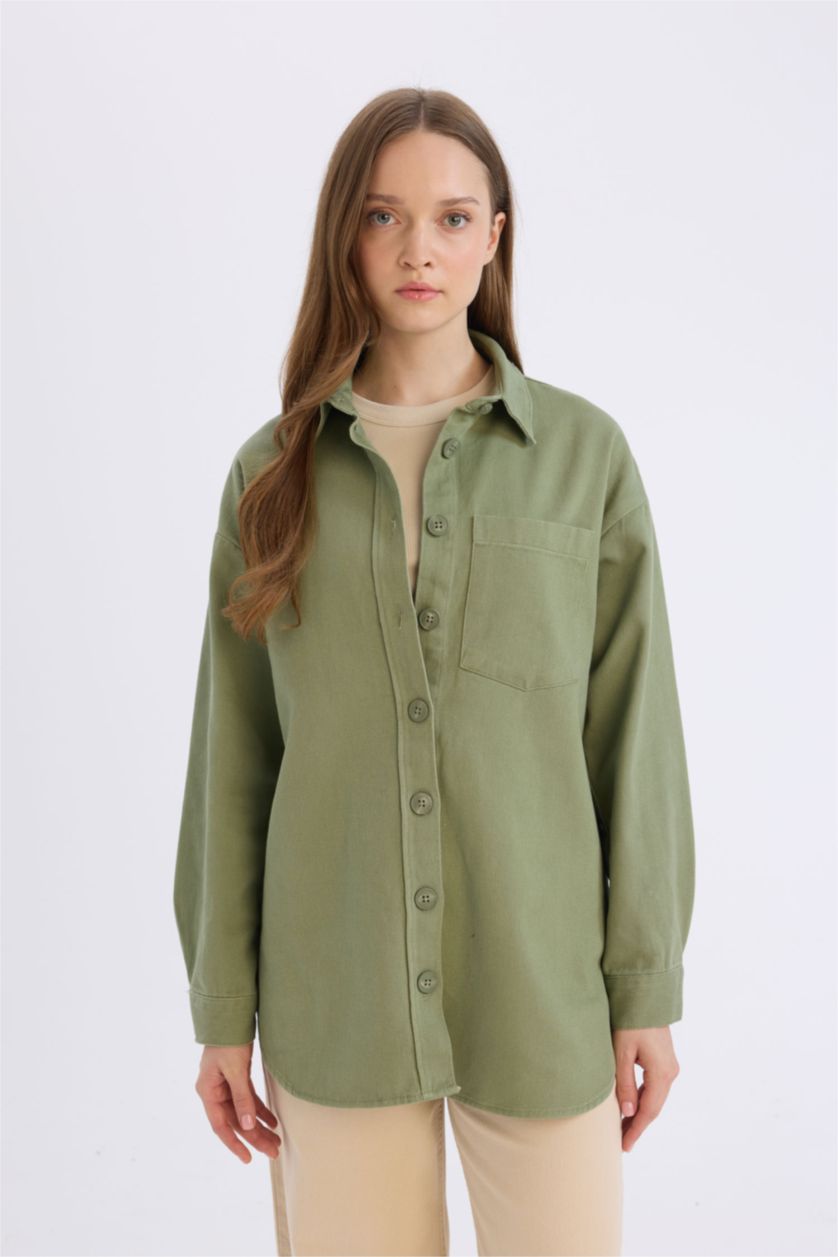 WOMAN Khaki Relax Fit Gabardine Shirt Collar Long Sleeve Tunic
