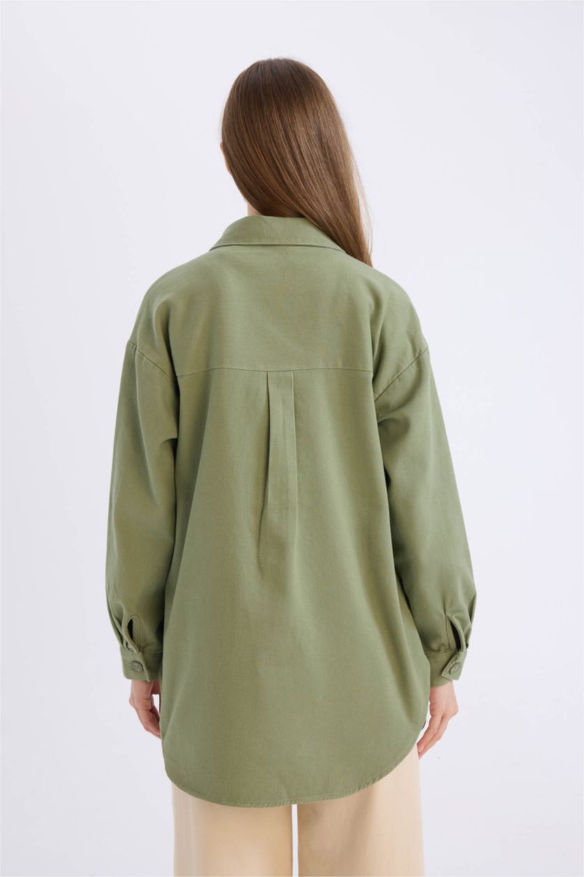 WOMAN Khaki Relax Fit Gabardine Shirt Collar Long Sleeve Tunic