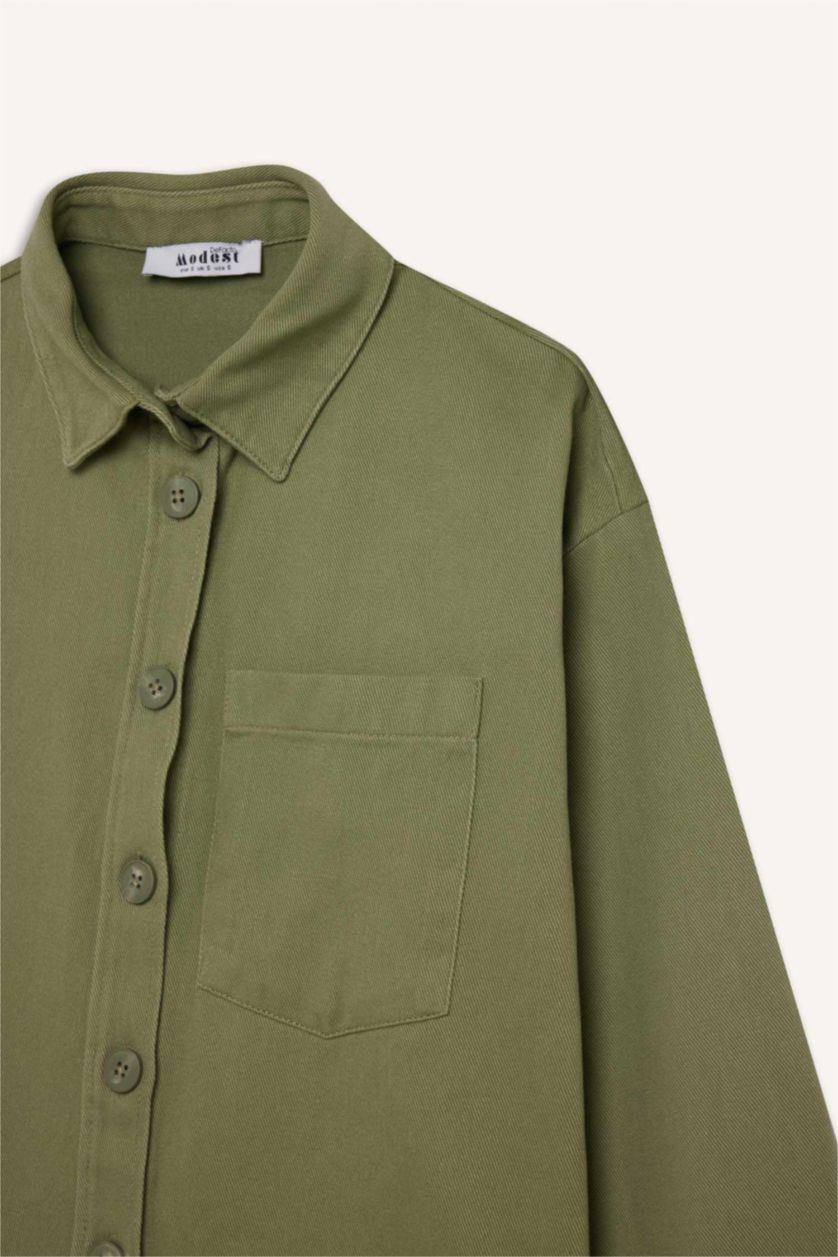 WOMAN Khaki Relax Fit Gabardine Shirt Collar Long Sleeve Tunic