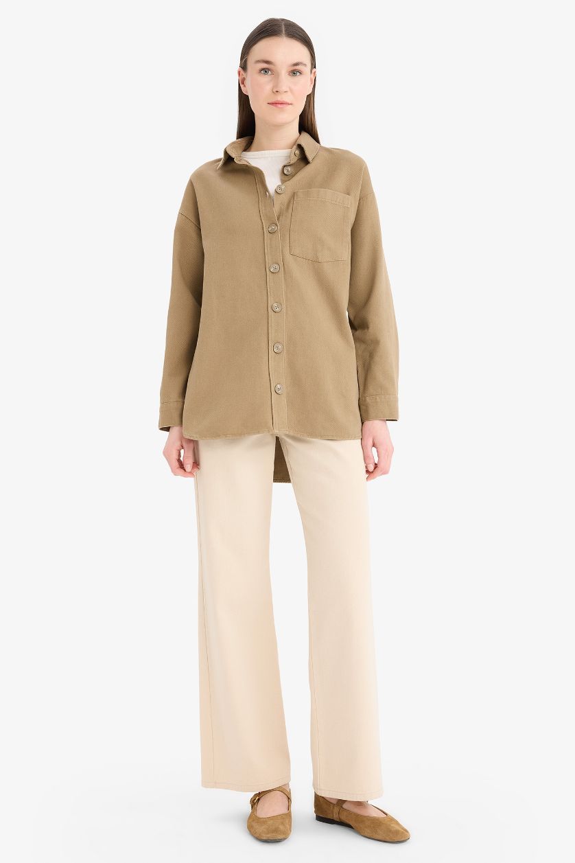 Kadın Koyu Bej Relax Fit Basic Düz Gabardin Uzun Kollu Gömlek Tunik