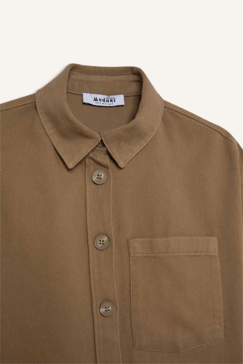 Kadın Koyu Bej Relax Fit Basic Düz Gabardin Uzun Kollu Gömlek Tunik