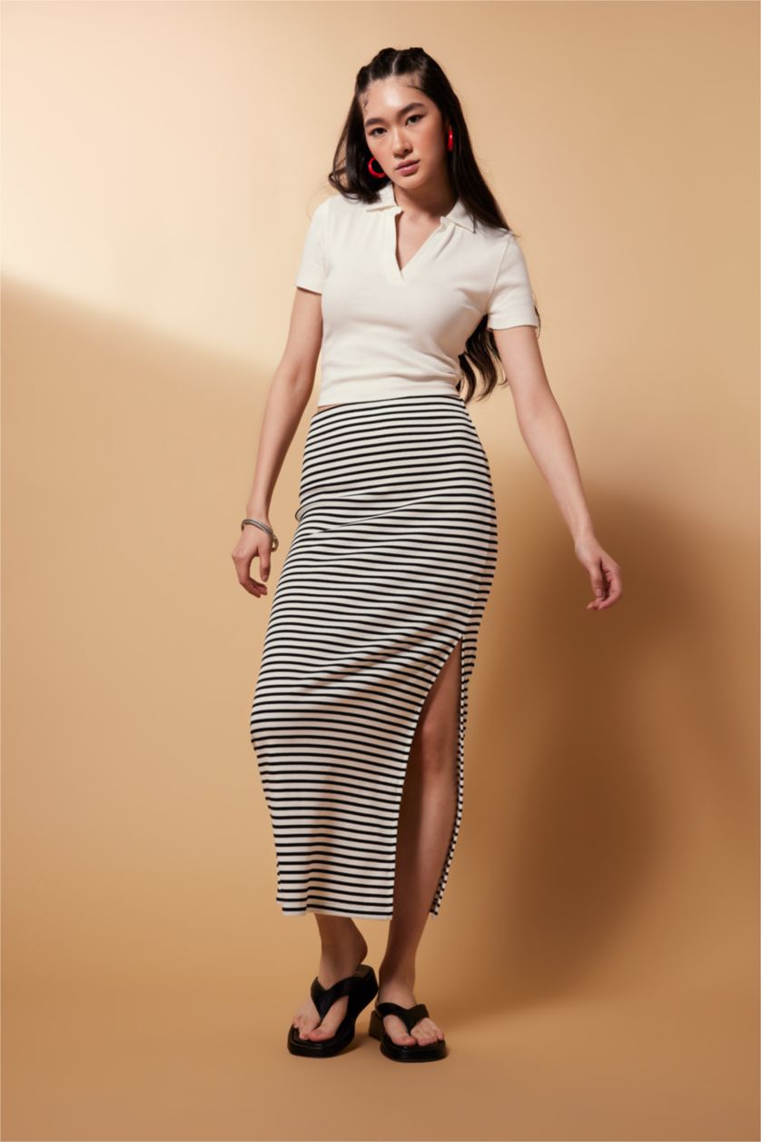 FEMME Écru Jupe Maxi Caraco Ajustée À Rayures Côtelées