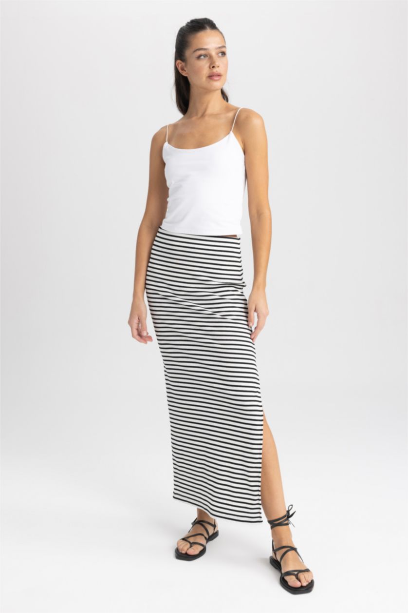 FEMME Écru Jupe Maxi Caraco Ajustée À Rayures Côtelées