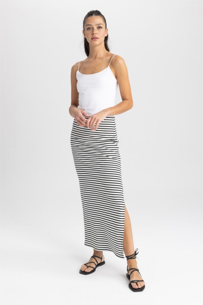 FEMME Écru Jupe Maxi Caraco Ajustée À Rayures Côtelées