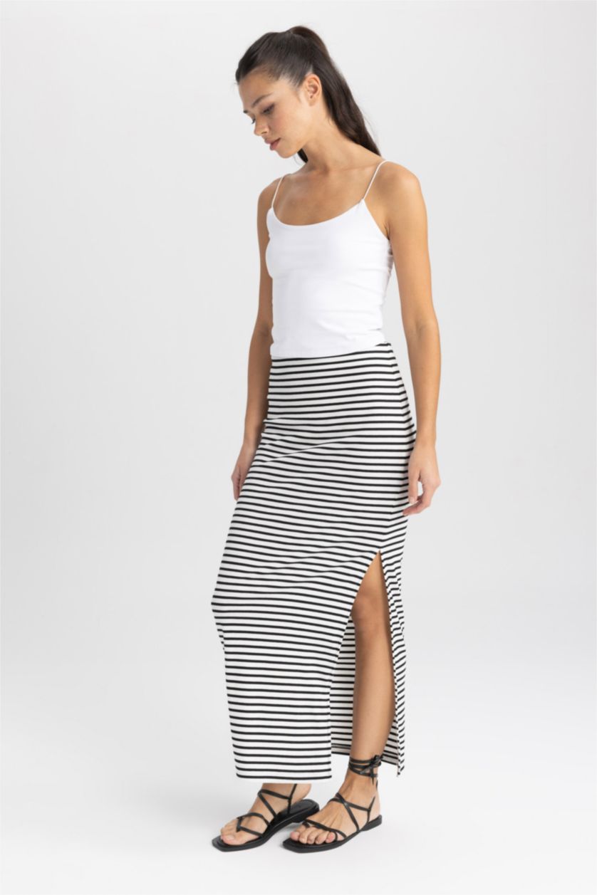 FEMME Écru Jupe Maxi Caraco Ajustée À Rayures Côtelées
