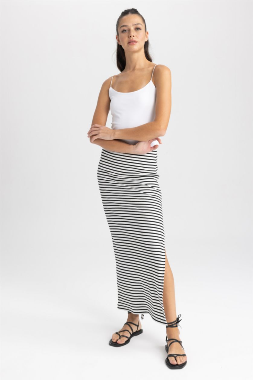 FEMME Écru Jupe Maxi Caraco Ajustée À Rayures Côtelées