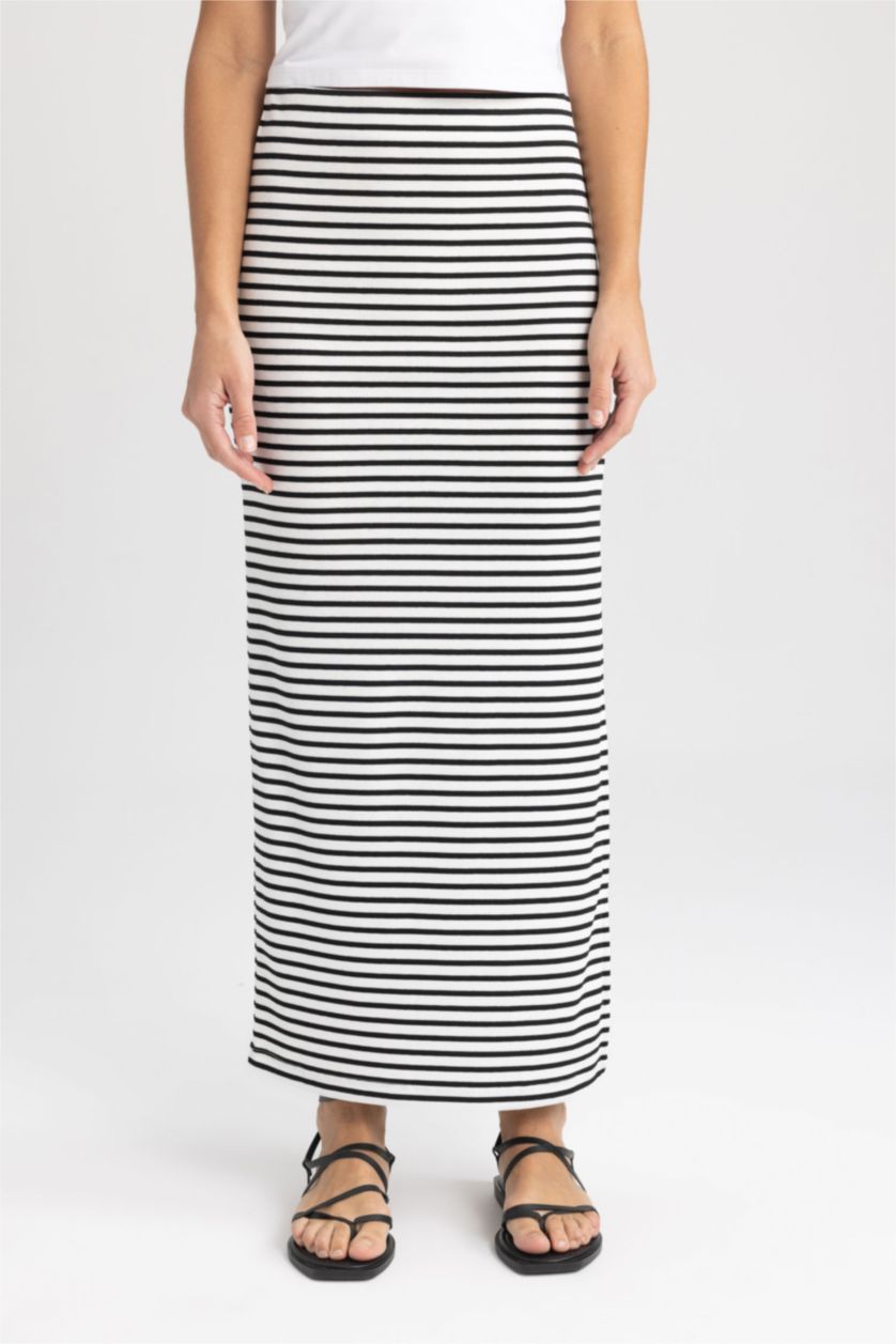 FEMME Écru Jupe Maxi Caraco Ajustée À Rayures Côtelées