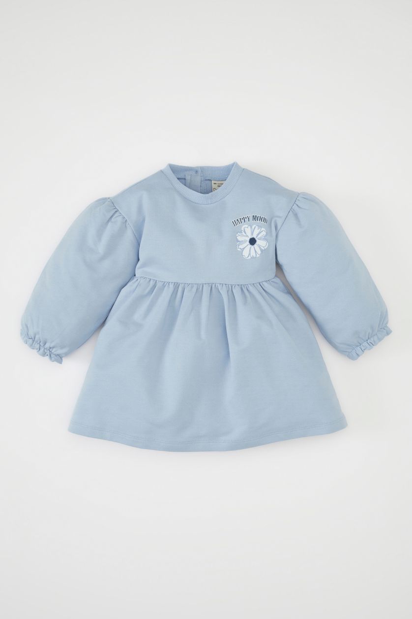BABY GIRL Light Blue Baby Girl Crew Neck Floral Printed Sweatshirt Dress