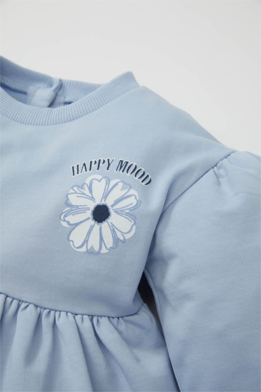 BABY GIRL Light Blue Baby Girl Crew Neck Floral Printed Sweatshirt Dress