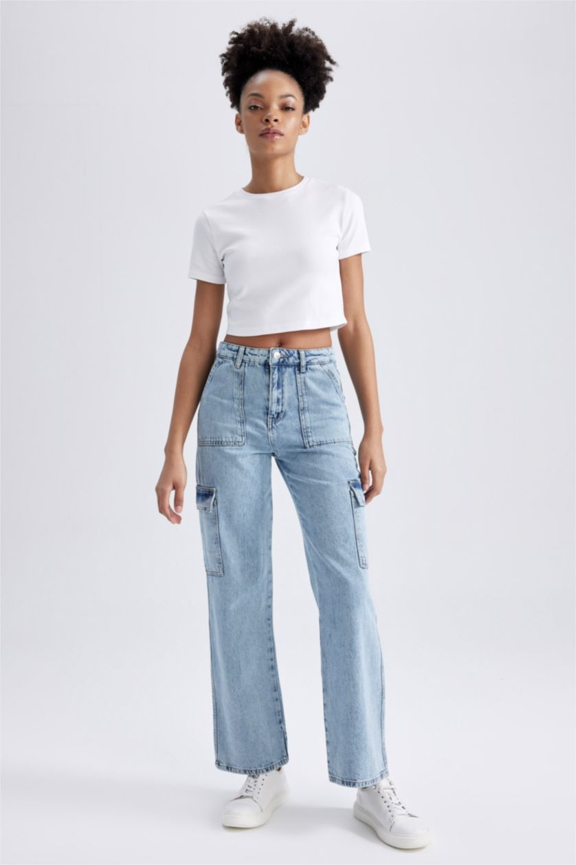 نساء أزرق فاتح بنطلون جينز كارجو 90’S قطن وايد ليج