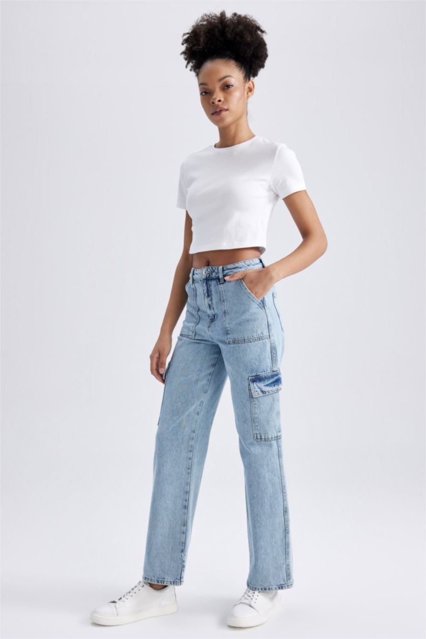 نساء أزرق فاتح بنطلون جينز كارجو 90’S قطن وايد ليج